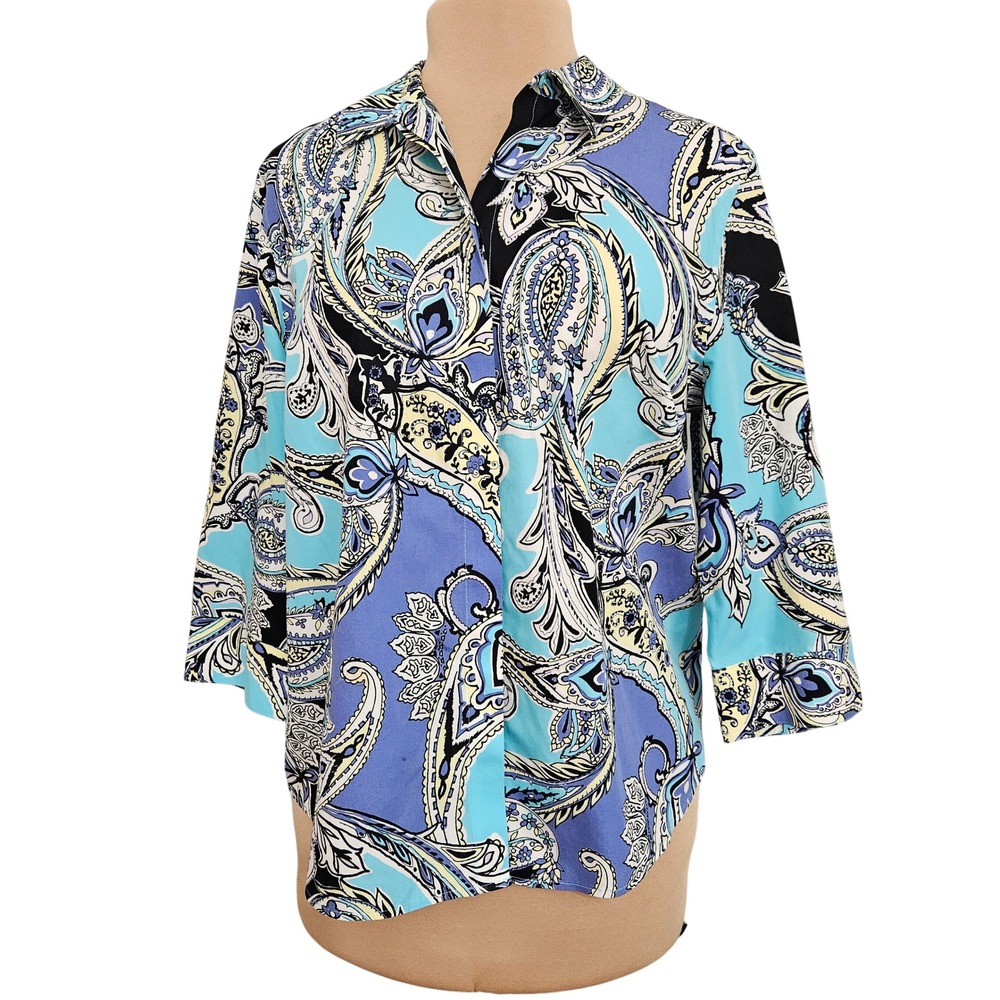 Chico's No-Iron Blue Paisley Button Down 3/4 Sleeve Shirt Size 2 Large Artsy